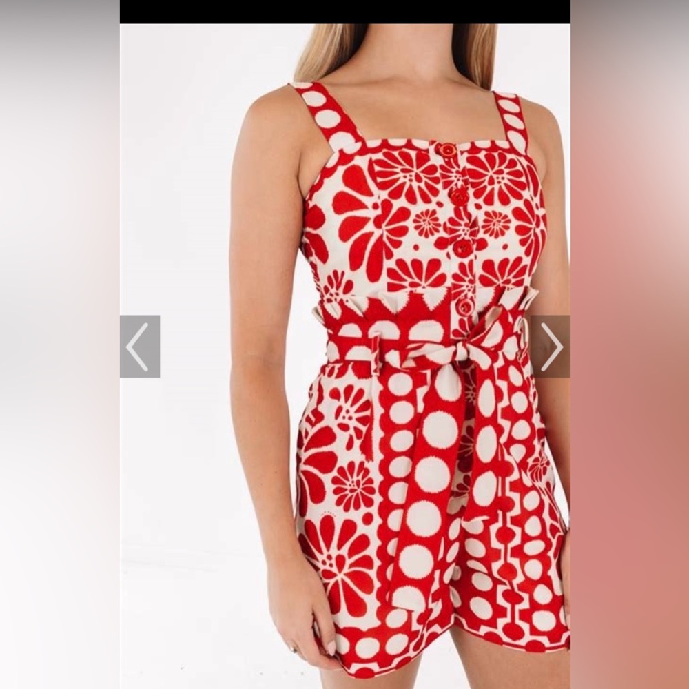 The Impeccable Pig Red and Cream  Floral Romper size S EUC